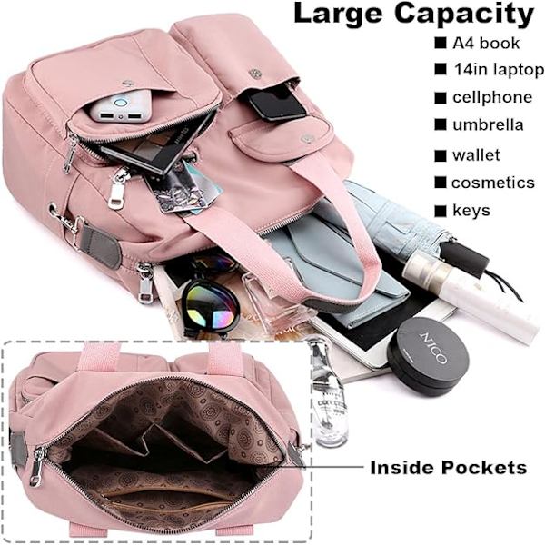 Tote tasker til kvinder - stilful nylon dame skuldertaske - top håndtaske - multi lommer - arbejds tasker - vandafvisende rejse crossbody (Pink) Pink