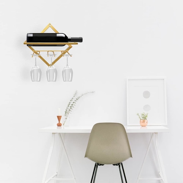 Foldbar veggmontert vinstativ i metall med 3 stetteglassholdere (gullfarget)