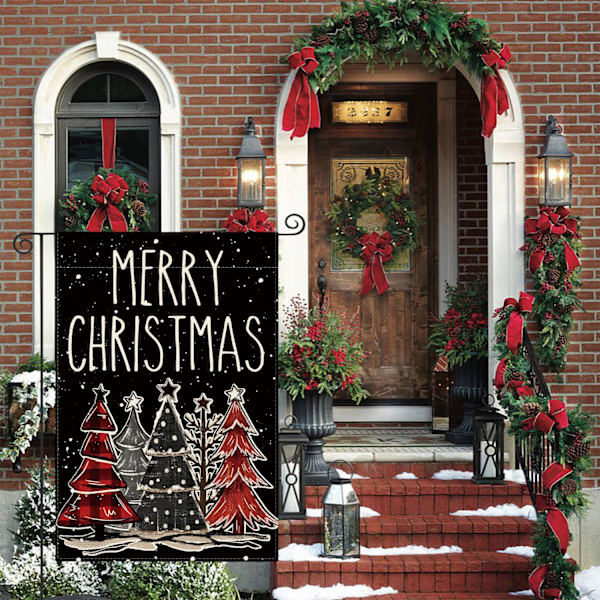 Merry Christmas -puutarhalippu 12x18 tuumaa, kaksisivuinen ulkokäyttöön, juhlallinen talvipihan ulkokoristelippu, musta