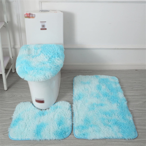 Badrumsmatteset 3 delar, halkfri lurvig badrumsmatta, fluffig kontur badrumsmatta, lång lugg toalettstolsskydd tie dye blå 2 light blue