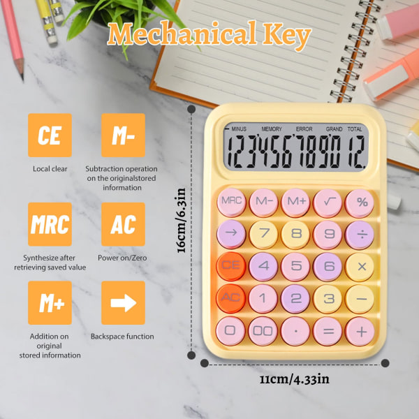 Skrivebordskalkulator 2 stk, fargerik kalkulator med 12 digitale skjermer, skrivebordskalkulator med standardfunksjon med store tasteknapper (hvit og gul) Yellow,white
