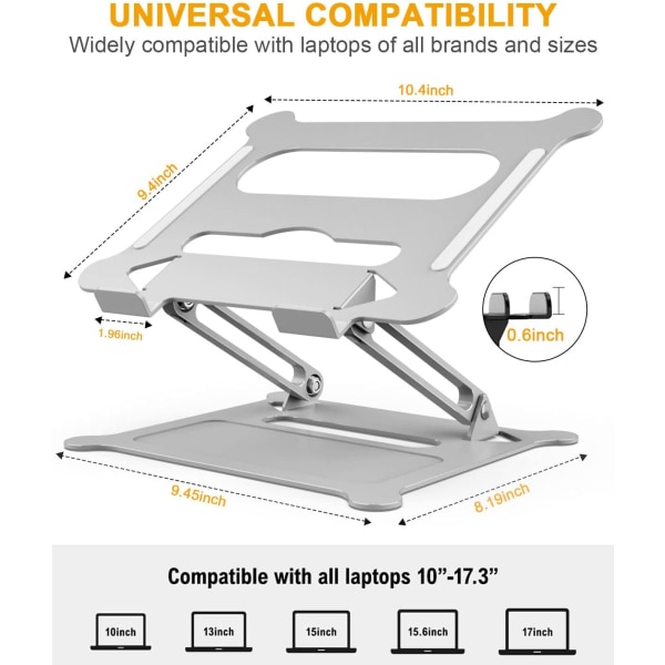 Bærbar stativ for skrivebord, sammenleggbar, bærbar stativ for bærbar PC, justerbar høyde med varmeventil, bærbar PC-stativ kompatibel med 17\" bærbare PC-er, sølv silver