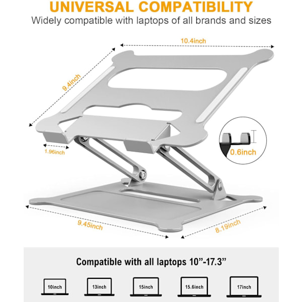Laptopstativ för skrivbord, hopfällbart, bärbart laptopstativ justerbar höjd med värmeventil, laptopstativ kompatibelt med 17\" bärbara datorer, silver silver