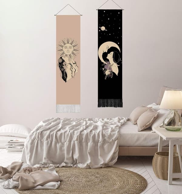Boho-dekor Sol och Måne Gobeläng för Sovrum Estetik (32 x 137 cm) Svart Bomull Linne Gobeläng för Vardagsrum