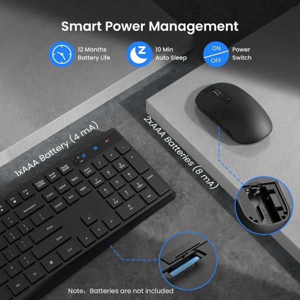 Trådlöst tangentbord och mus-set, trådlöst tangentbord ergonomisk design & tyst USB sladdlös mus-kombo, för Windows-dator PC bärbar dator skrivbord, svart