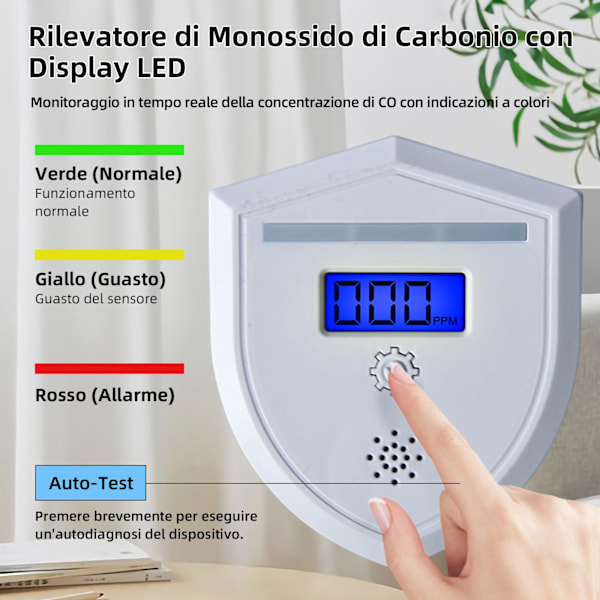 Kolmonoxiddetektor med hörbart alarm, högkänslig CO-sensor, LED-display, enkel installation, uppfyller EN 50291 för hemsäkerhet.