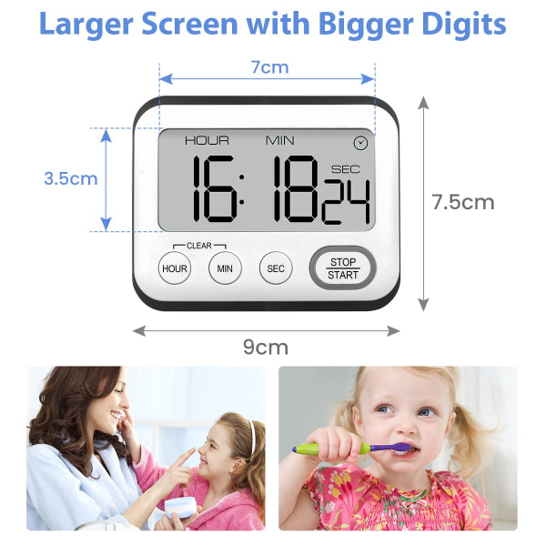 Kök Timer Alarmklocka Multifunktionell Digital Matlagningstimer med Stor LCD-skärm Magnetisk Stoppur Timer med Klocka, Alarmklocka, Magnet Svart