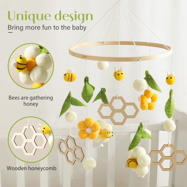 Trä + ullbollar, färska blommor och bin, Wind Chime Rattle skötbord, barnkammare hängande sängklocka, nyfödd present till baby (bi + honeycomb)