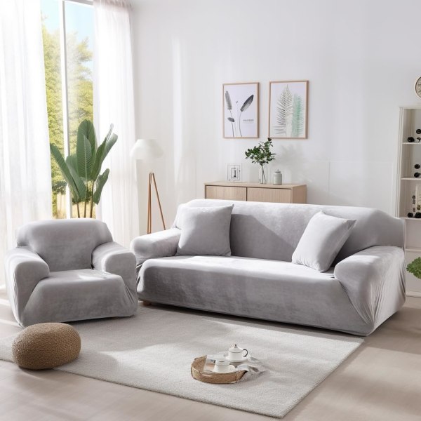Tykke sofatrekk Pure Color Sofa Protector Velvet Easy Fit Elastisk stoff Stretch Sofa Slipcover (sølvgrå, 2-seter 145-185 cm)