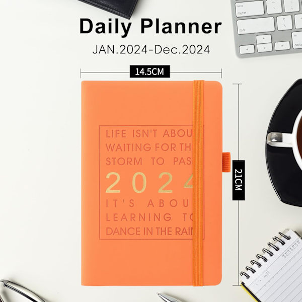 2024 Dagsplanerare A5, Vecko- och månadsplanerare Tjockt papper, Årlig agenda Vecka för vecka Dagbok från januari-december 2024 (A5, Orange) Orange