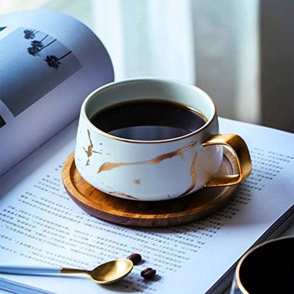 Cappuccino Kopper med Underkopper, 300ml Porcelæn Espresso Kopper til Te Kaffe Cappuccino, Kaffe Kopper med Træskive - Hvid White