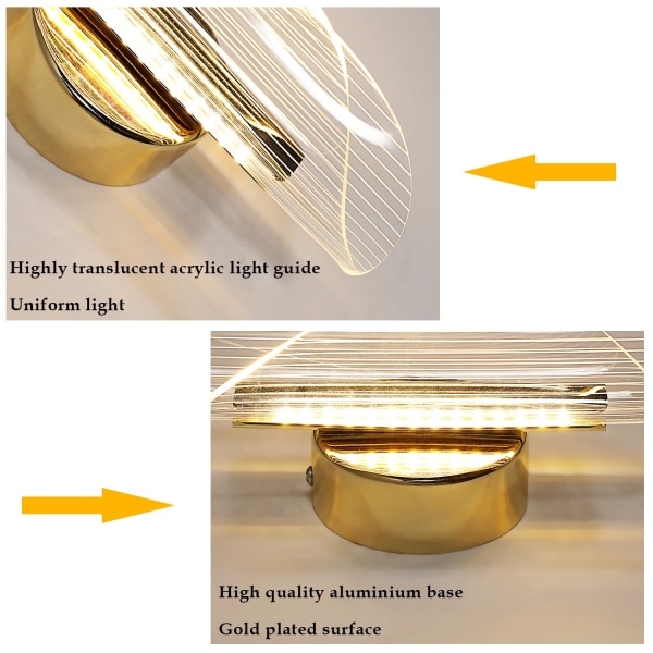 LED væglampe indendørs væglampe, 10W gylden moderne væglampe dæmpbar med 3 lysfarver, moderne vægbelysning lavet af akryl