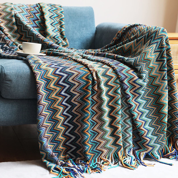 Stickad filt med tofsar Houndstooth Boho Rutig gosig filt Stickad filt Överkast Släng filt Dekorativ filt för soffa säng blue 130*230cm