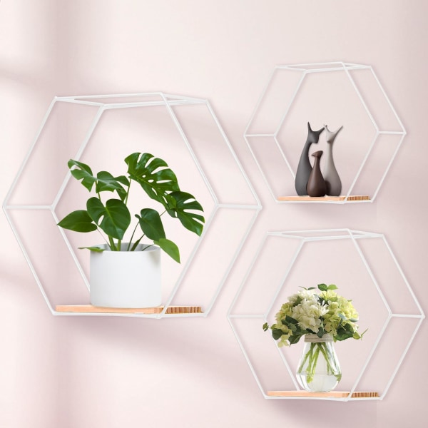 Hexagon vegghyller hvit metall sett med 3, vegghyller hvite for veggdekorasjon i stue, soverom, bad, kafé og hotell