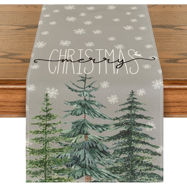 Green Pine Tree Snowflake Merry Christmas Table Runner, Seasonal Winter Xmas Holiday Kitchen Dining Table Decoration for 13 x 72 Inch