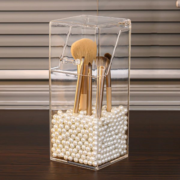 Sminkebørsteholder med lokk og perler Klar kosmetisk børstebeholder Støvtett sminkeoppbevaringsboks (hvit, liten)