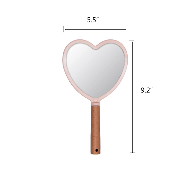 Sminkhandspegel, liten handhållen spegel i trä, bärbar resespegel för kosmetika för män och kvinnor, 14 x 23 cm (B x L) Heart-shaped