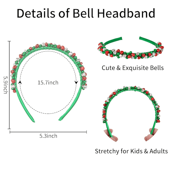 2 kpl Joulupukinkello-hiusnauhoja naisille ja tytöille, söpö hopea, vihreä ja punainen sävy, joululomakoru (Vihreä)