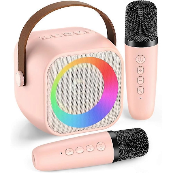 Karaokemaskin för barn och vuxna, Mini bärbar Bluetooth-karaokespeaker med 2 trådlösa mikrofoner och ljus Pink 2 mic