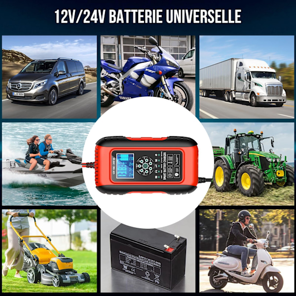 12V/24V 10A Lithium Bilbatterioplader med LCD-display Vedligeholder med Reparationsfunktion til Bil Motorcykel Lastbil AGM Gel Våd SLA (6-180AH)
