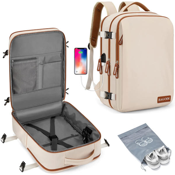 Rejsetaske til bærbar computer, flygodkendt håndbagage, vandtæt stor rygsæk til vandreture (29x24x11,5cm) Beige
