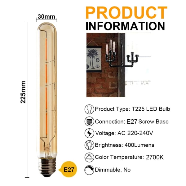 Pakke med 5 T225 lange rørpærer, LED Edison-glødetråd, 6W E27-sokkel varm hvid, ravfarvet glas til dekorativ pære, AC 220-240V