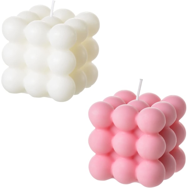 Boblelys - Terningformede Soyvokslys, Hjemmedekoration Lys, Duftlys Sæt 2 Stykker, Til Hjemmet og Gave (Hvid+Pink)
