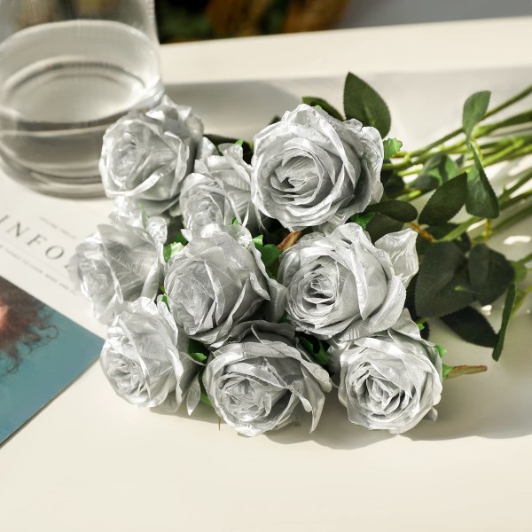 12 kpl keinotekoisia ruusuja, 19,68'' yksi pitkävarsi tekoruusu silkki morsiuskimppu Realistinen kukka kotipuutarhajuhliin (ruusuja, hopeaa) silver