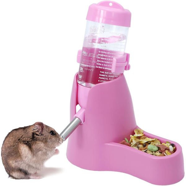 3-i-1 Hamsterhängande Vattenflaska Djur Automatisk Dispenser med Bas för Dvärghamster Mus Råtta Igelkott (80ML, Rosa)
