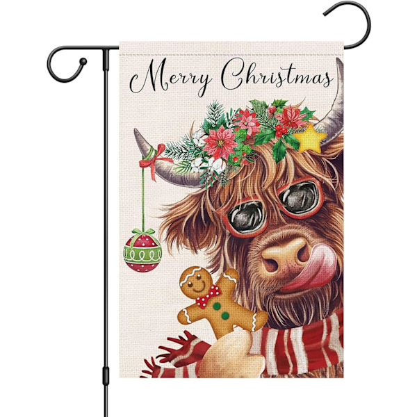 Merry Christmas -puutarhalippu 12x18 kaksisivuinen, pellavainen talvinen jouluinen ylämaanlehmä puutarhan pihalippu