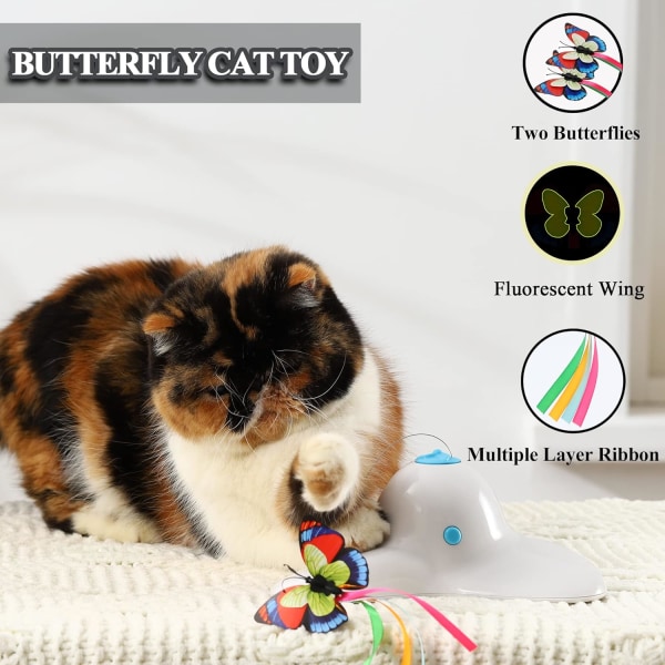 Interactive Play Teaser Cat Toy med 360° elektrisk roterande fjäril (gräddvit) White
