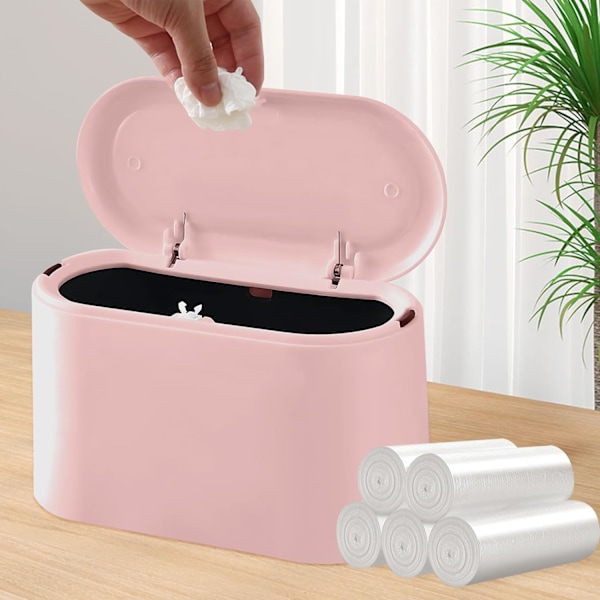 Mini papperskorg med lock, liten papperskorg för skrivbord, avtagbar liten papperskorg, popup-papperskorg för badrum, kontor, kök, skrivbord - rosa