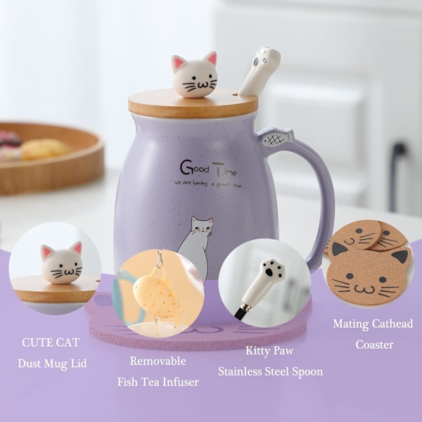 Kattmugg Söt Keramisk Kaffekopp med Söt Kattlock Rostfritt Stål Sked, Nyhet Morgonkopp Te Mjölk Presenter Jul, Lila