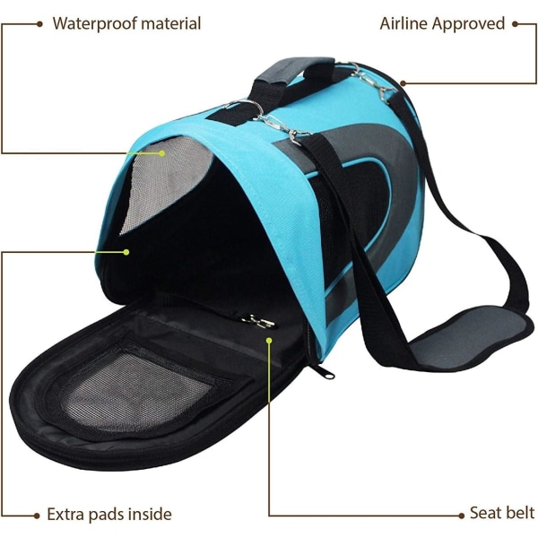 Blødsidet kæledyrstransporttaske - [Godkendt af flyselskaber og TSA] - Bærbar rejsekennel til katte, små hunde (stor, blå), stor (46 cm*26 cm*27 cm) Blue