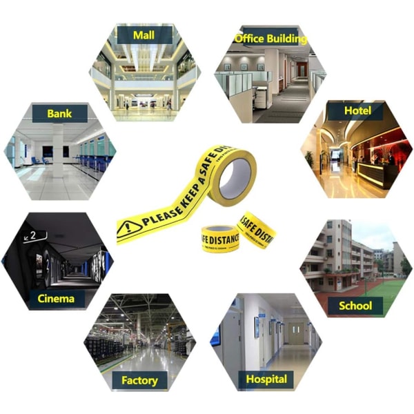 2 rullaa sosiaalisen etäisyyden teippiä Pidä etäisyyttäsi Opasteteipin varoitusteipin Varoitusmerkintäteipin Turvateipin Varoitusteipin Lattiamerkintäteipin - 48mmx33m