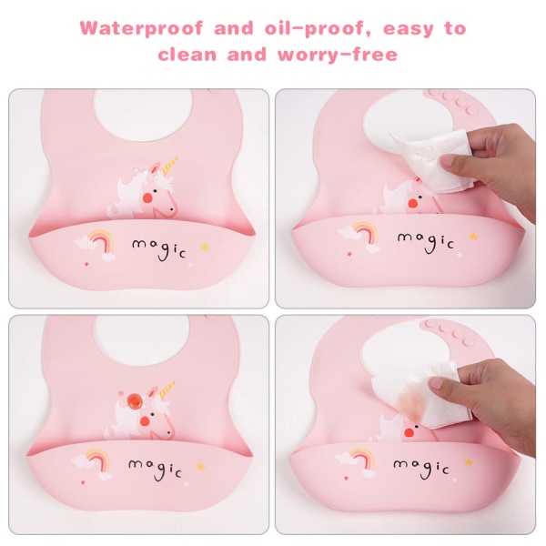 Baby , paket med 2 baby med droppbricka, BPA-fri, lätt att rengöra, vattentäta silikonhaklappar för pojkar, flickor Rosa Pink