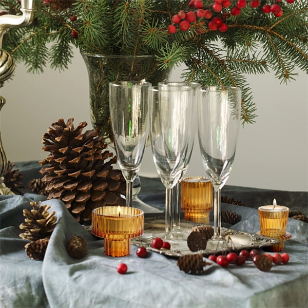 Glasstage lysestage 2-i-1 til koniske/fyrfadslys/søjlelys, sæt med 3 til indretning, middag, bryllup, jul (rav) Amber
