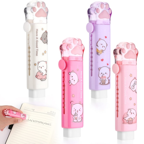 Søde kattepoteviskelædere, 4 stk tilbagetrækkeligt tegneserieviskelæder til børn Kawaii Push-Pull Gummi Blyant Eraser Pen-Style Erasers (4 farver)