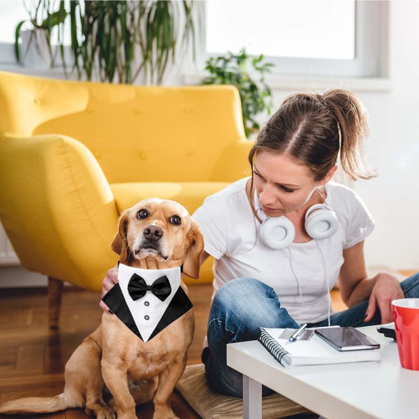 Hunde smoking bandana krave, 1 stk. justerbar formel hundebryllup bandana kæledyr bryllup jakkesæt butterfly bandana med D-ring til små mellemstore hunde S