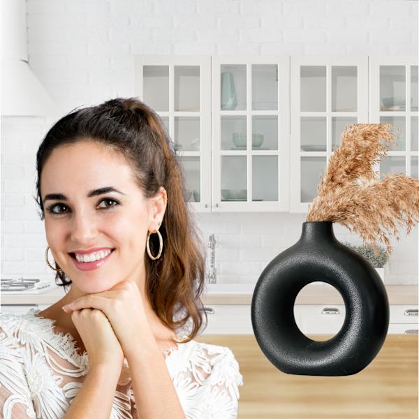 Sort vase til Pampasgræs, Stuetilbehør, Sort Keramisk Donut Vase, Mat Sort Rund Cirkel Vase, Sort Værelse Dekoration, Moderne Hylde Dekoration
