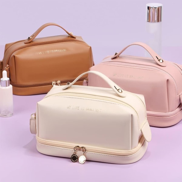Kosmetisk väska med stor kapacitet, dubbla lager resesminkväska, PU bärbar vattentät toalettväska för kvinnor, flickor (brun) Brown