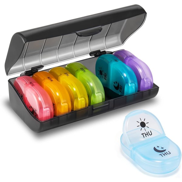 Pill Box Organizer 2 gånger om dagen, bärbara 7 dagars piller boxar, med stora fack för medicin, medicin, vitamin (regnbågssvart) Multicolor