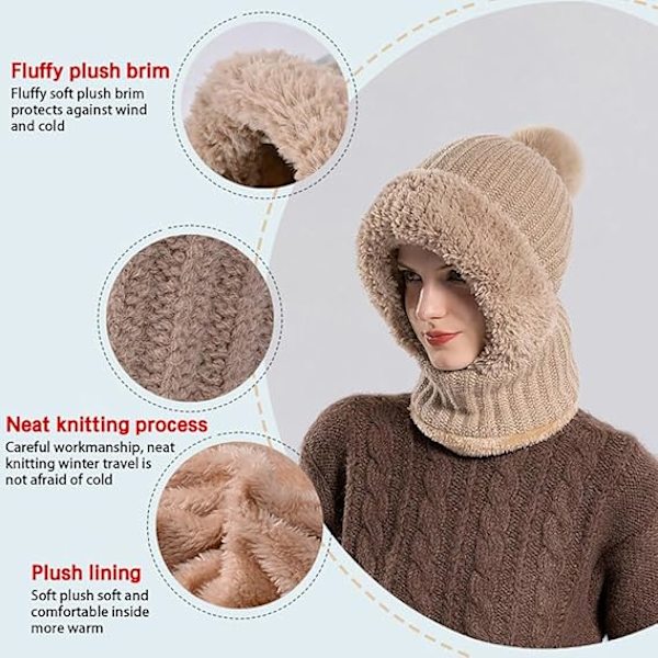 Strikket Hat med Pompom, 55cm-60cm 3 i 1 Vinter Beanie Halsklæde Cirkel og Strik Maske Siamese Vindtæt Kvinder, Sort