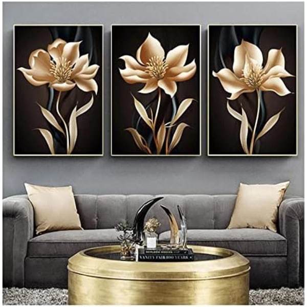 Vægkunst i abstrakt sort og guld blomst til stueindretning - Canvas-maleri - Nordisk plakatprint - Vægmalerier - Moderne boligindretning - Rammeløs 50*70cm