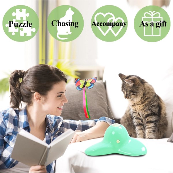 Indoor Interactive Play Teaser kissanlelu 360° sähköisesti pyörivällä perhosella (vihreä) Green