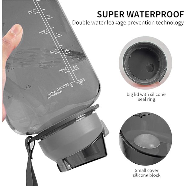 2L Vattenflaska Med Sugrör & Läckagesäker Flipplock, 2000ml Vattenflaska BPA-Fri Med Tidsmarkör Black