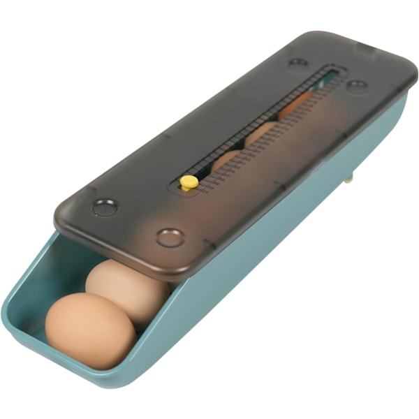 Hjemmeplassbesparende eggbeholder, kjøleskap stabel automatisk rulle eggbeholder, eggbrett for oppbevaring med ferskholdbarhetsmerke (blå)