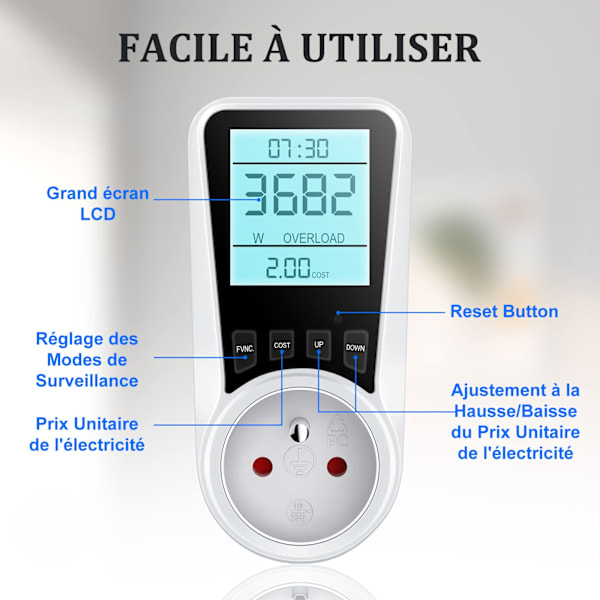 Effektmätare med Wattmätaruttag, 7 övervakningslägen, Bakgrundsbelyst LCD-display, Energibesparing, Överbelastningsskydd, 3680W Max