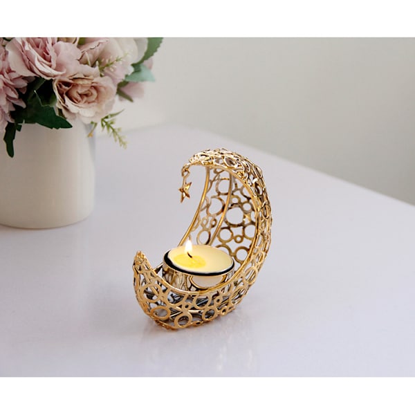 Metalljusstake, ljusstake, värmeljus, ljusstake, värmeljushållare, månljusstativ, halvmåne ljusstake, Ramadan värmeljus gold