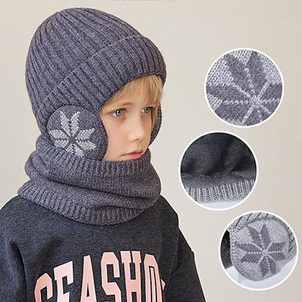 Vinterfleecescarfset för barn, småbarn pojkar flickor vinter varm stickad mössa och halsduk set, blå